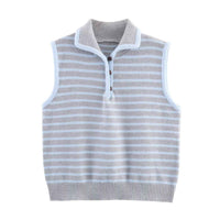 Lux | Striped Knitted Vest Top Light Blue Sleeveless Collared