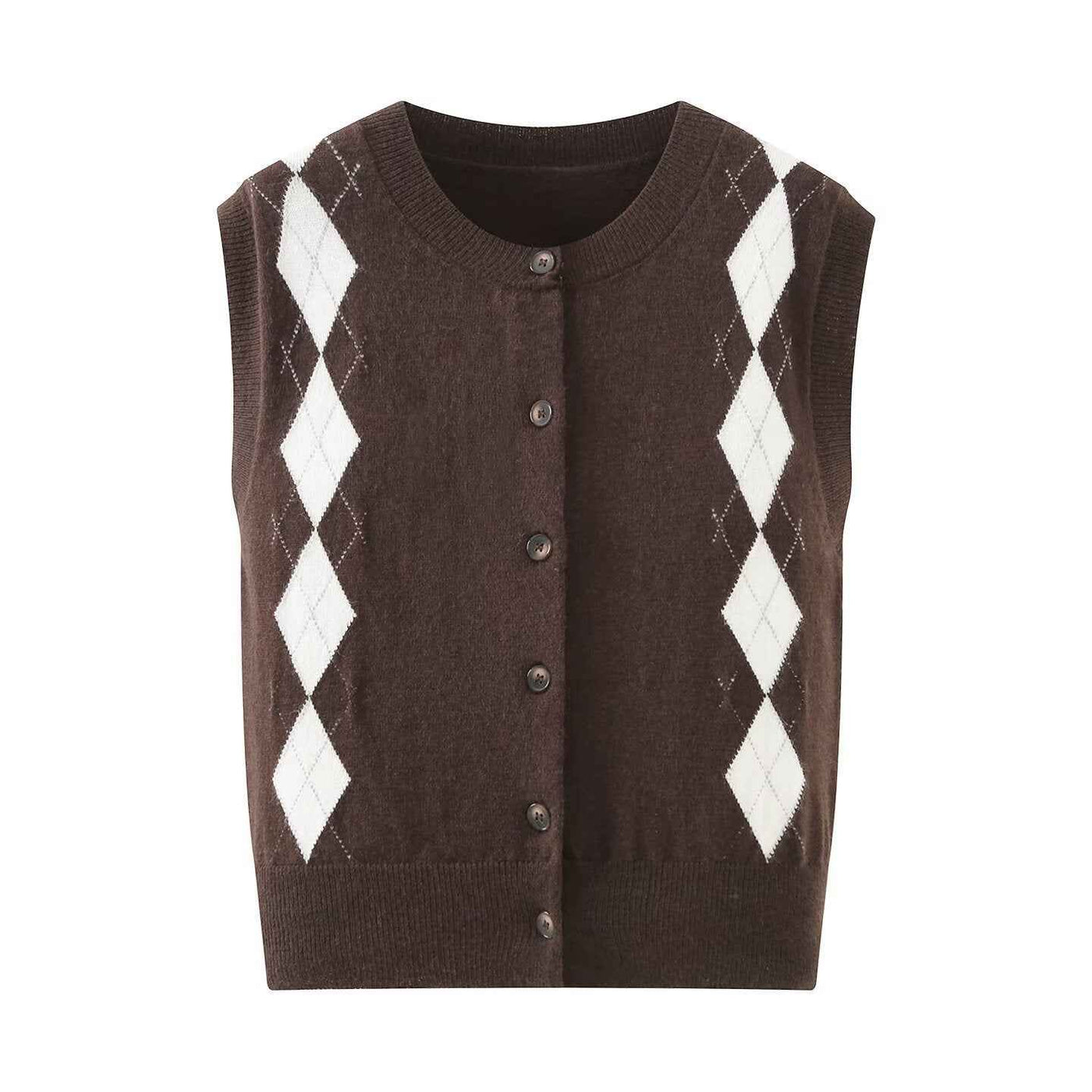 Sia | Argyle Knitted Vest Brown Sleeveless Button Front Crop
