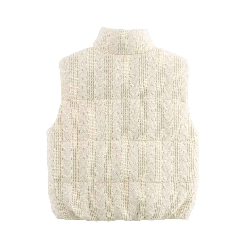 Vera | Knitted Puffer Vest Cream Cable Knit Sleeveless Zip Up