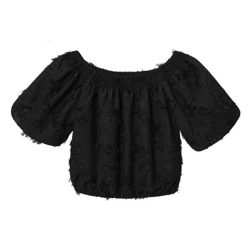 Nina | Off Shoulder Crop Top Black Textured Short Sleeve