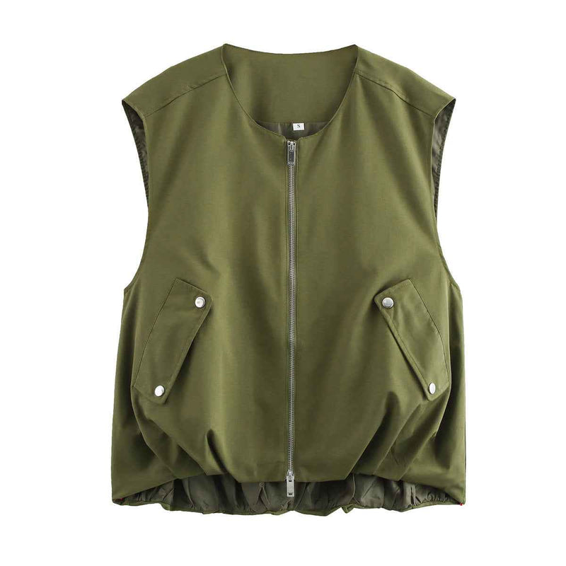 Fern | Utility Zip Vest Green Khaki Sleeveless Bomber