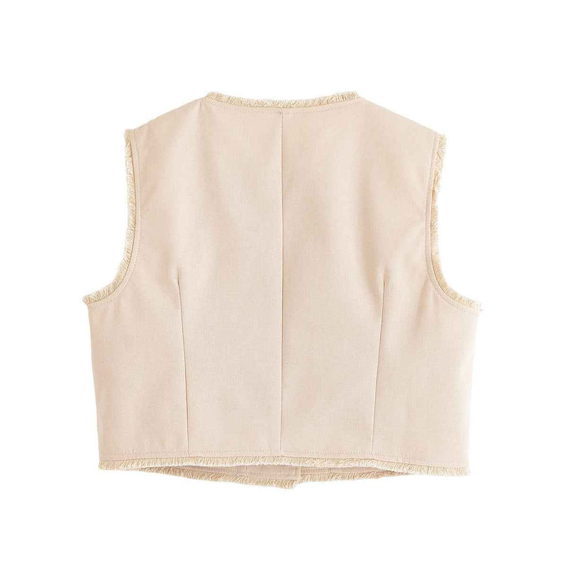 Suki | Cropped Sleeveless Blouse Cream Button Front Frayed Edge