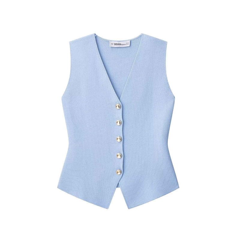 Demi | Elegant Vest Top Cream Sleeveless Fitted V Neck Gold Button