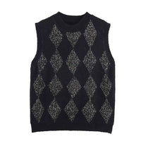 Nola | Vest Top Grey Knitted Argyle Sleeveless Rhinestone