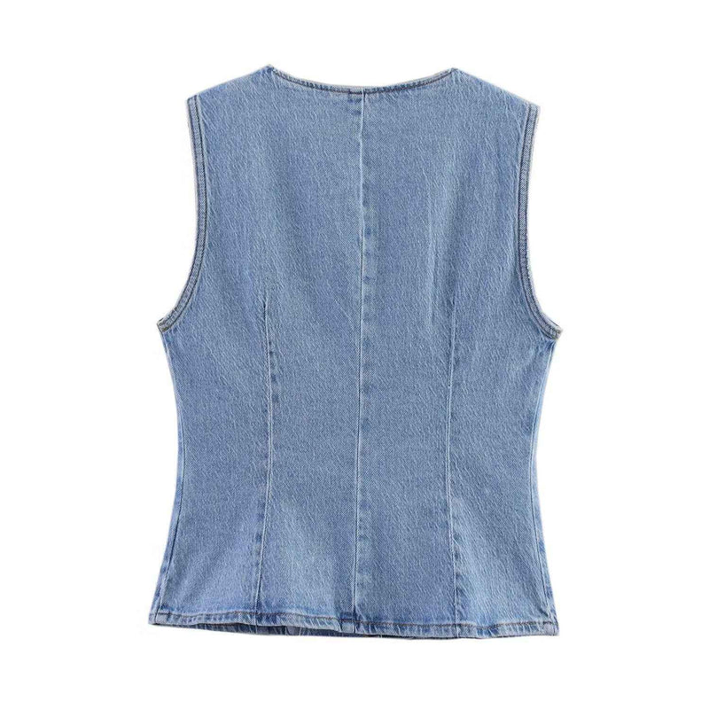 Sable | Denim Vest Light Blue Sleeveless Button Front Fitted