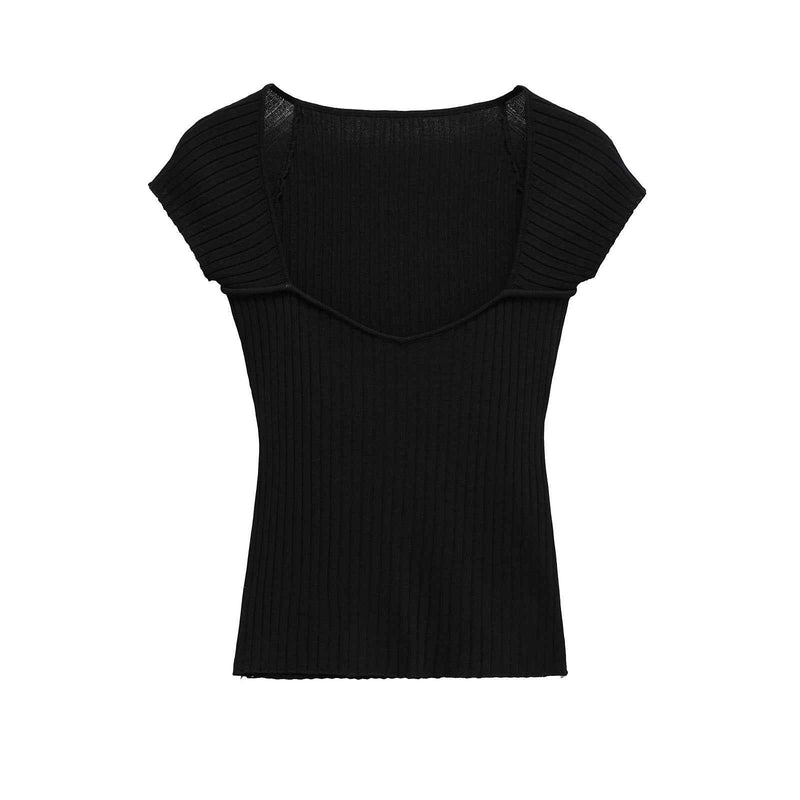 Lyra | Summer Square Neck Knitted Top Green Ribbed Short Sleeve