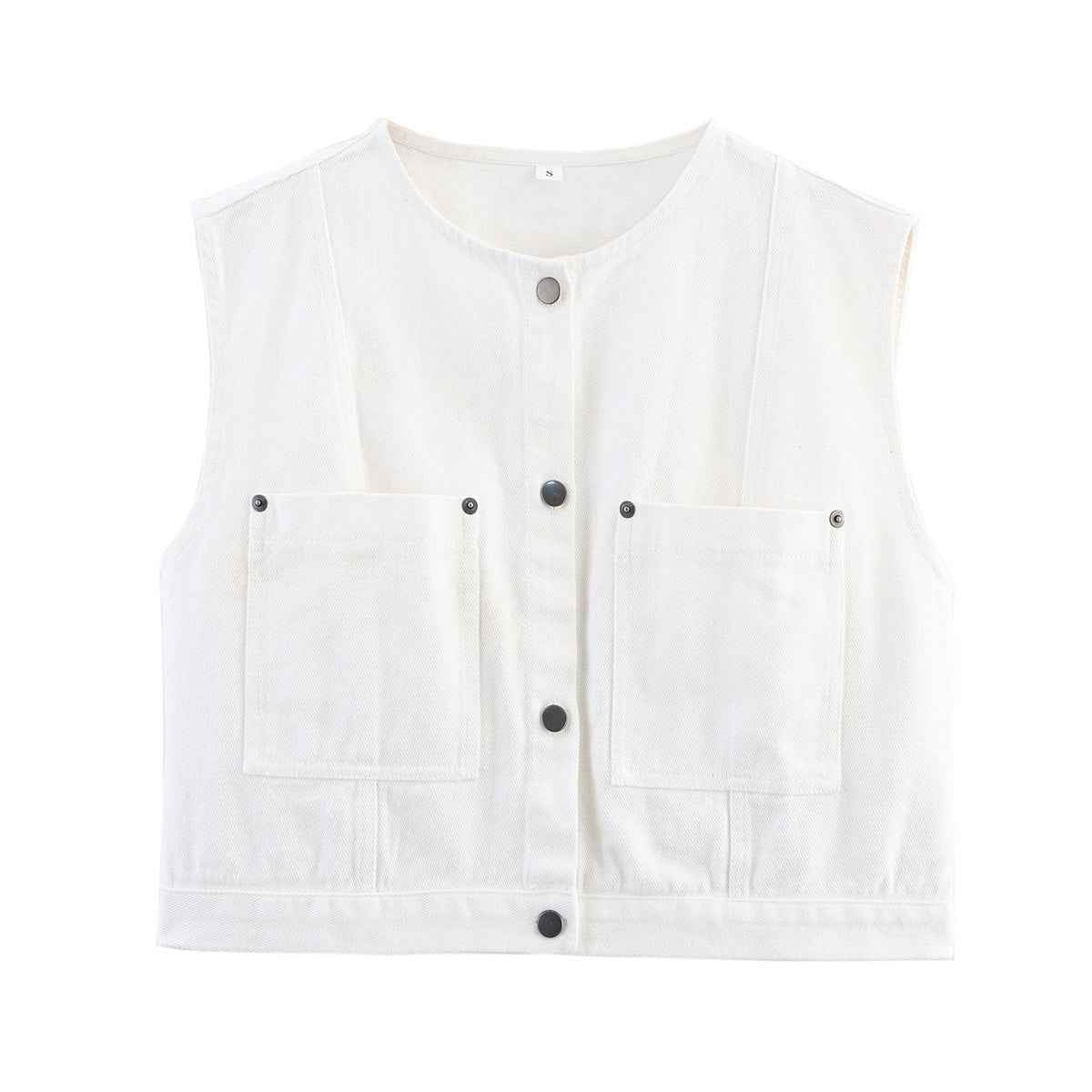 Ophelia | Sleeveless Denim Vest Navy Blue Button Front Utility Pockets