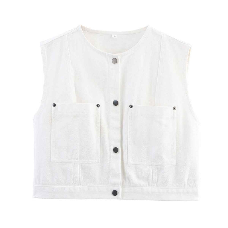 Ophelia | Sleeveless Denim Vest Navy Blue Button Front Utility Pockets