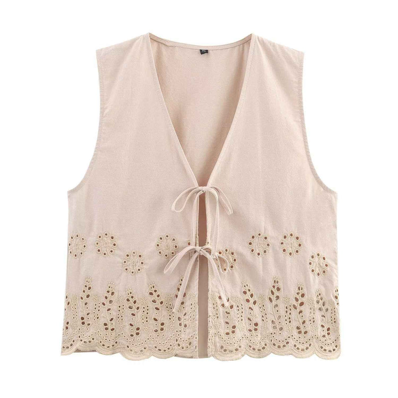 Iris | Lace Blouse Black Sleeveless Tie Front Broderie Anglaise
