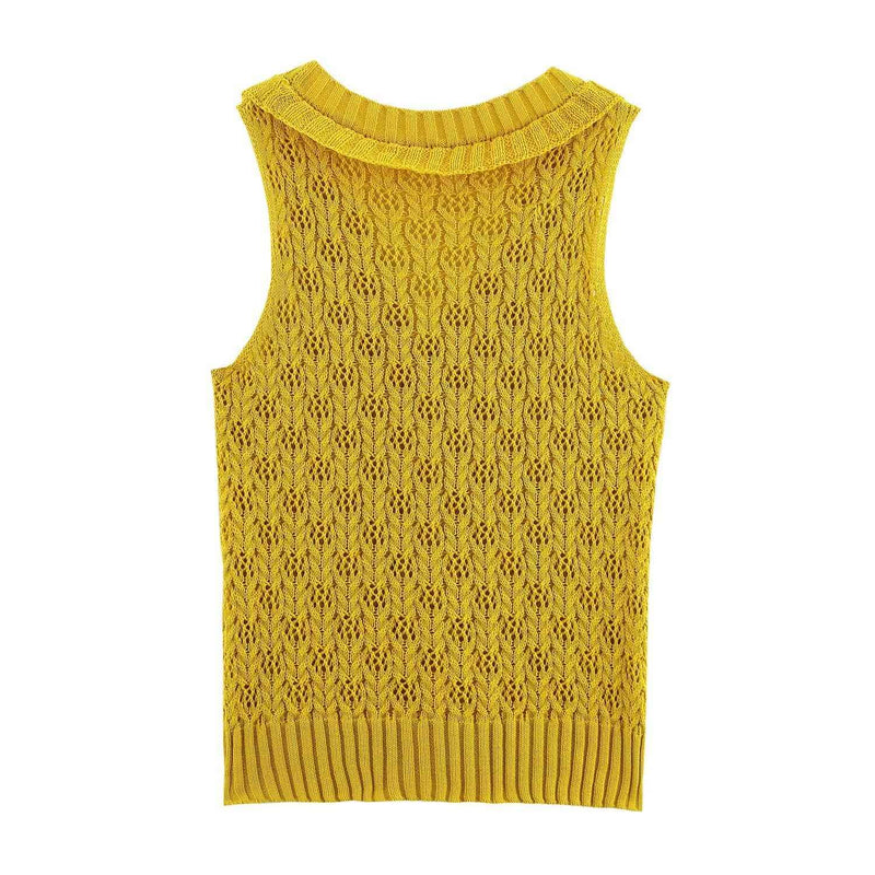 Sia | Knitted Top Yellow Sleeveless V Neck Button Front Crochet Lace