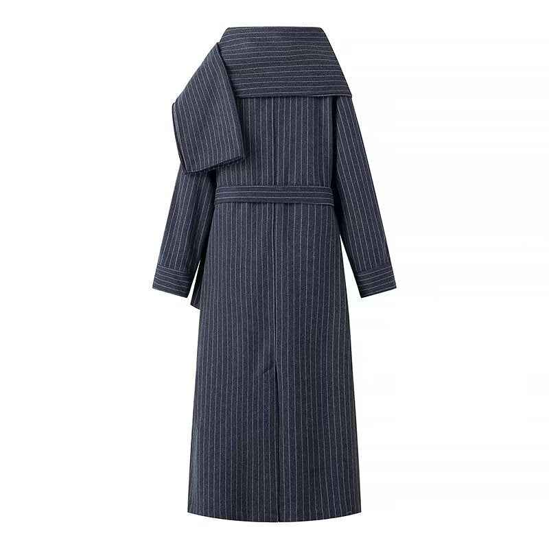 Edie | Elegant Pinstripe Tailored Coat Navy Long Belted