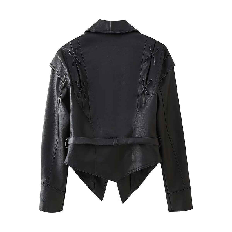 Nola | Faux Leather Jacket Black Belted Lace Up Long Sleeve