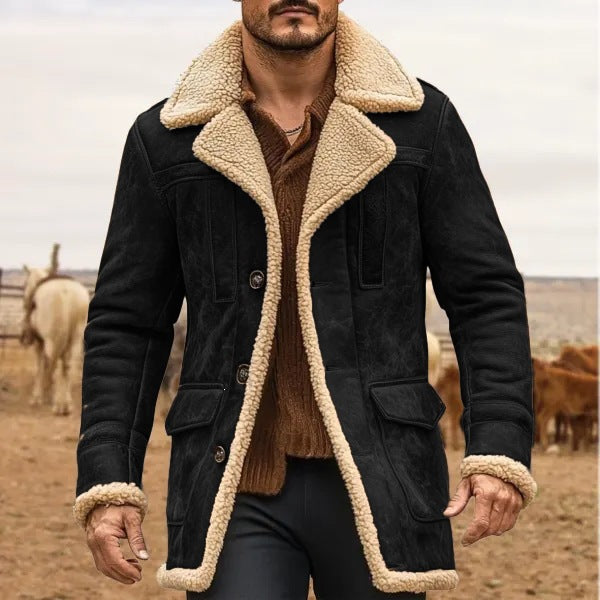 Ashcombe | Men's Faux Suede Sherpa Lined Double-Breasted Coat - Black