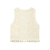 Noa | Summer Crochet Cardigan Cream Sleeveless Shell Tassel