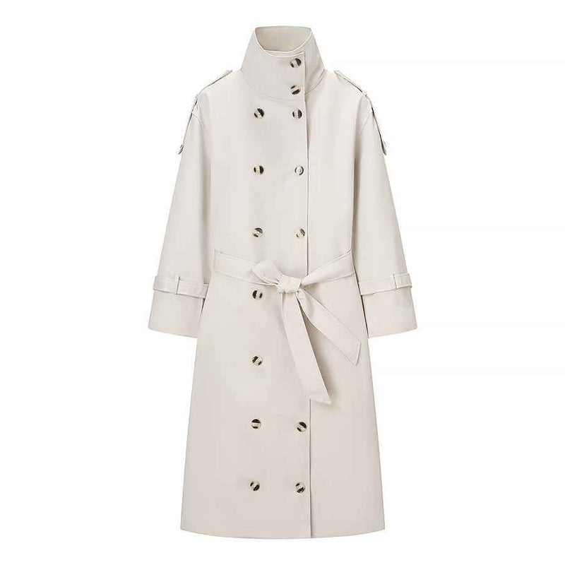 Viola | Elegant Belted Double Breasted Coat Cream Long
