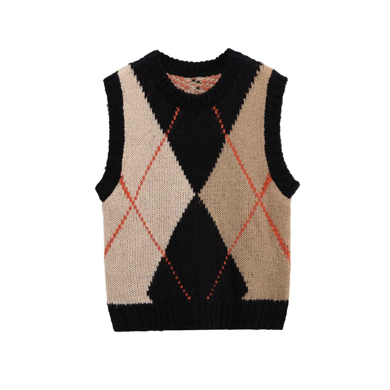 Sia | Argyle Knitted Vest Top Beige Black Sleeveless Crew Neck