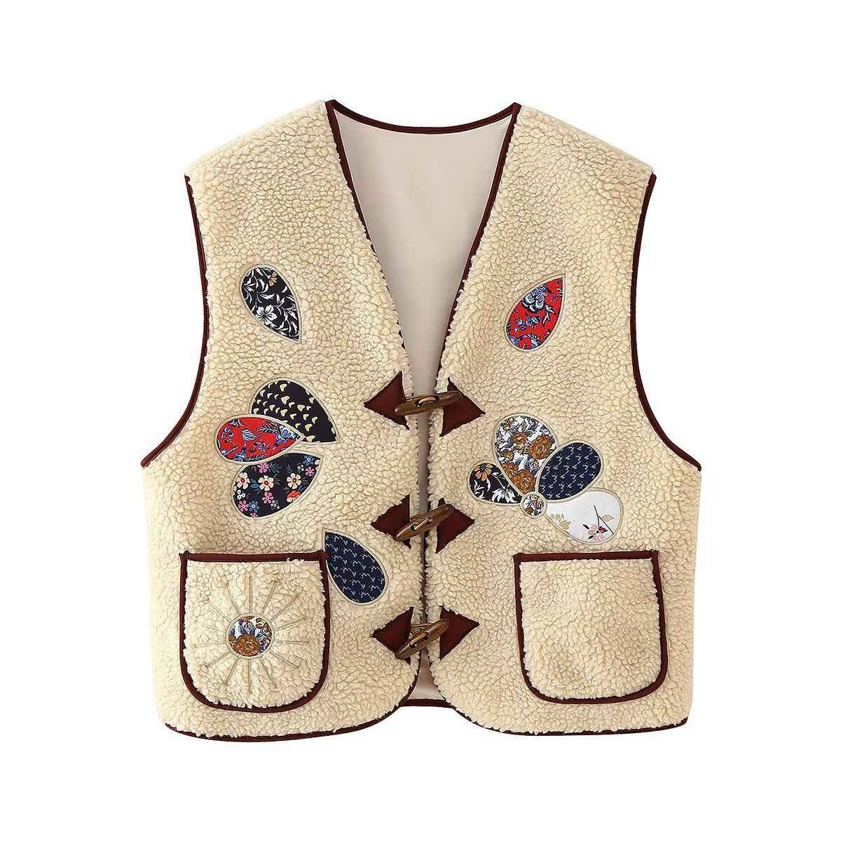 Sia | Sleeveless Borg Jacket Cream Patchwork Embroidered Toggle Front