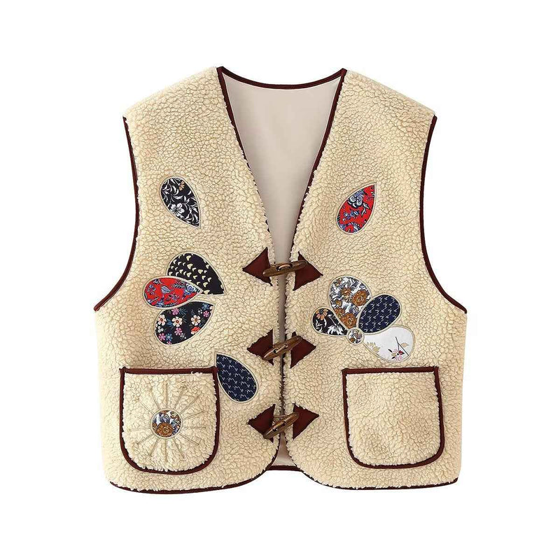 Sia | Sleeveless Borg Jacket Cream Patchwork Embroidered Toggle Front