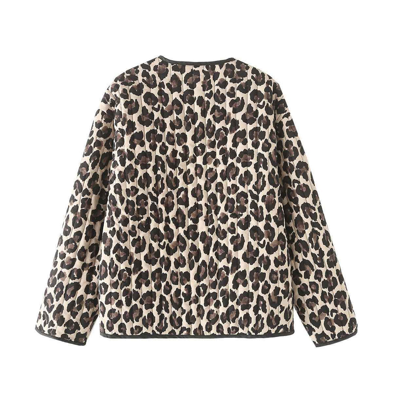Aria | Quilted Jacket Leopard Print Brown Beige Collarless Zip Up