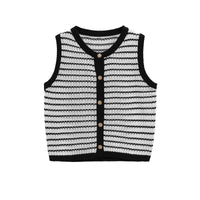 Cora | Striped Knit Cardigan Black White Sleeveless Button Front