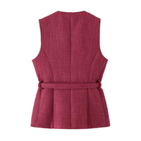 Mira | Elegant Tweed Peplum Top Pink Belted Sleeveless