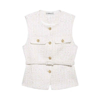 Gia | Elegant Tweed Sleeveless Blazer Black Belted Button Front