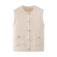 Briar | Sleeveless Blazer Cream Knitted Button Front Pockets