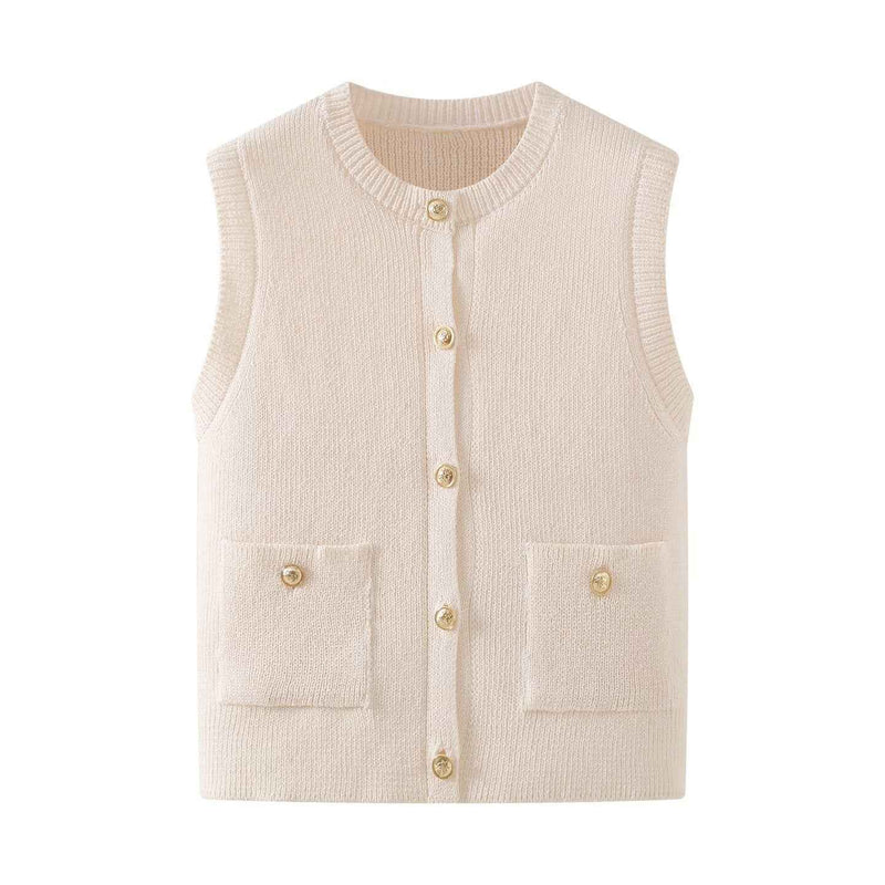 Briar | Sleeveless Blazer Cream Knitted Button Front Pockets