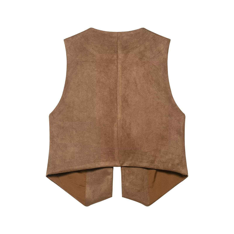 Fleur | Sleeveless Vest Top Brown Embroidered Tie Front V Neck