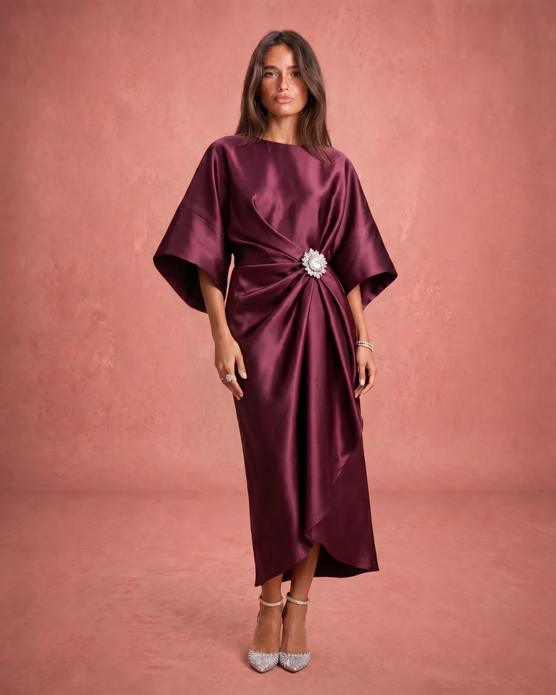 Verbera | Wide Sleeve Satin Finish Maxi Dress
