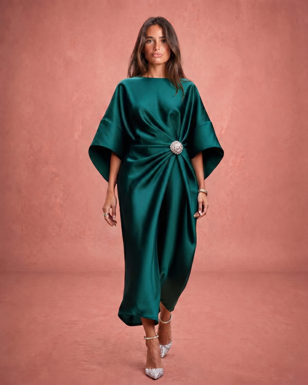 Verbera | Wide Sleeve Satin Finish Maxi Dress