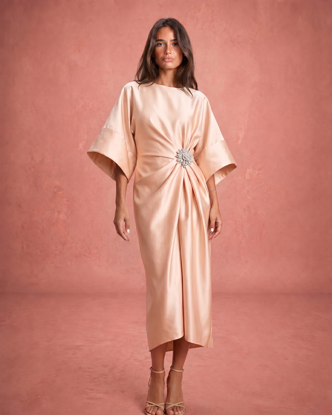 Verbera | Wide Sleeve Satin Finish Maxi Dress