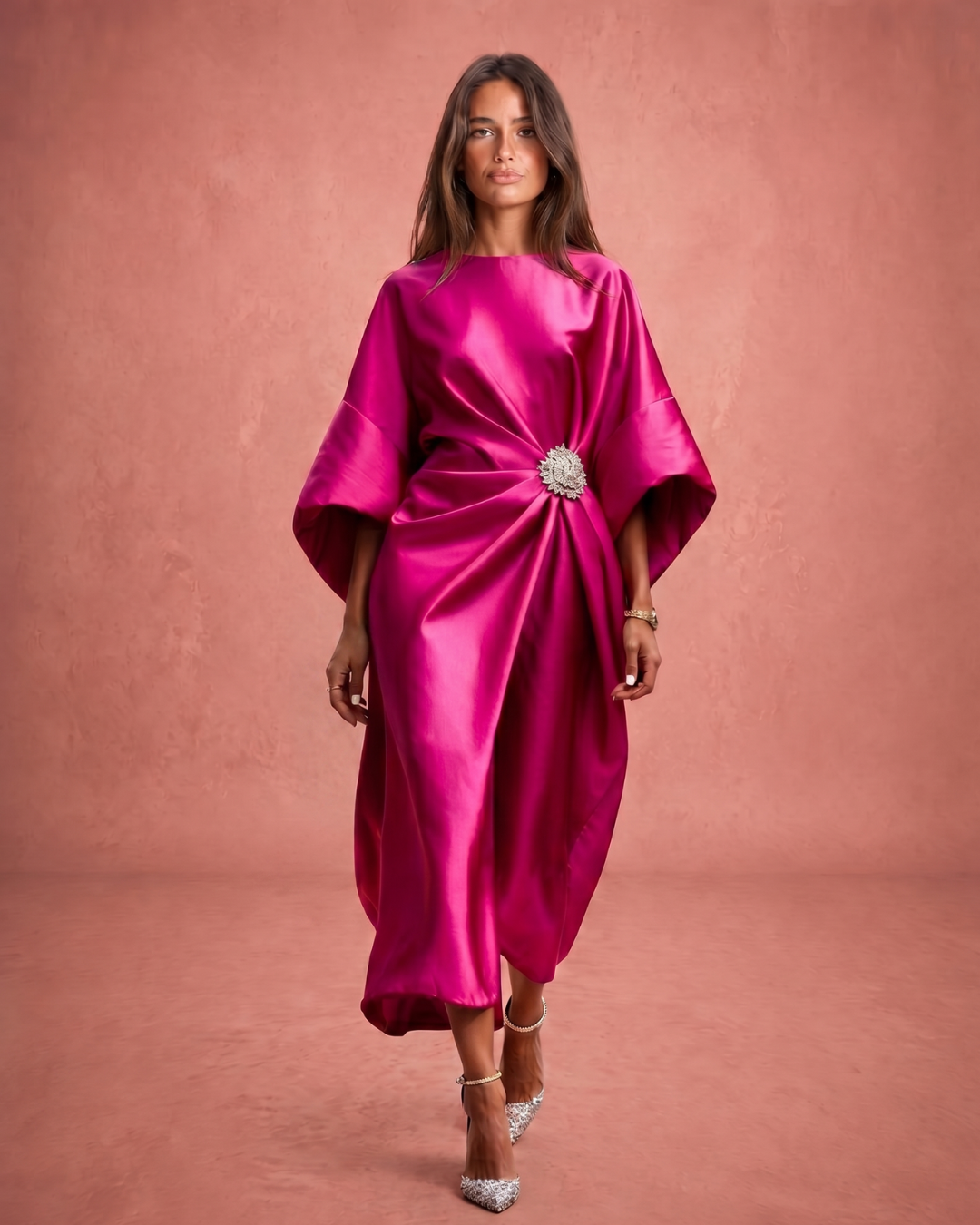 Verbera | Wide Sleeve Satin Finish Maxi Dress