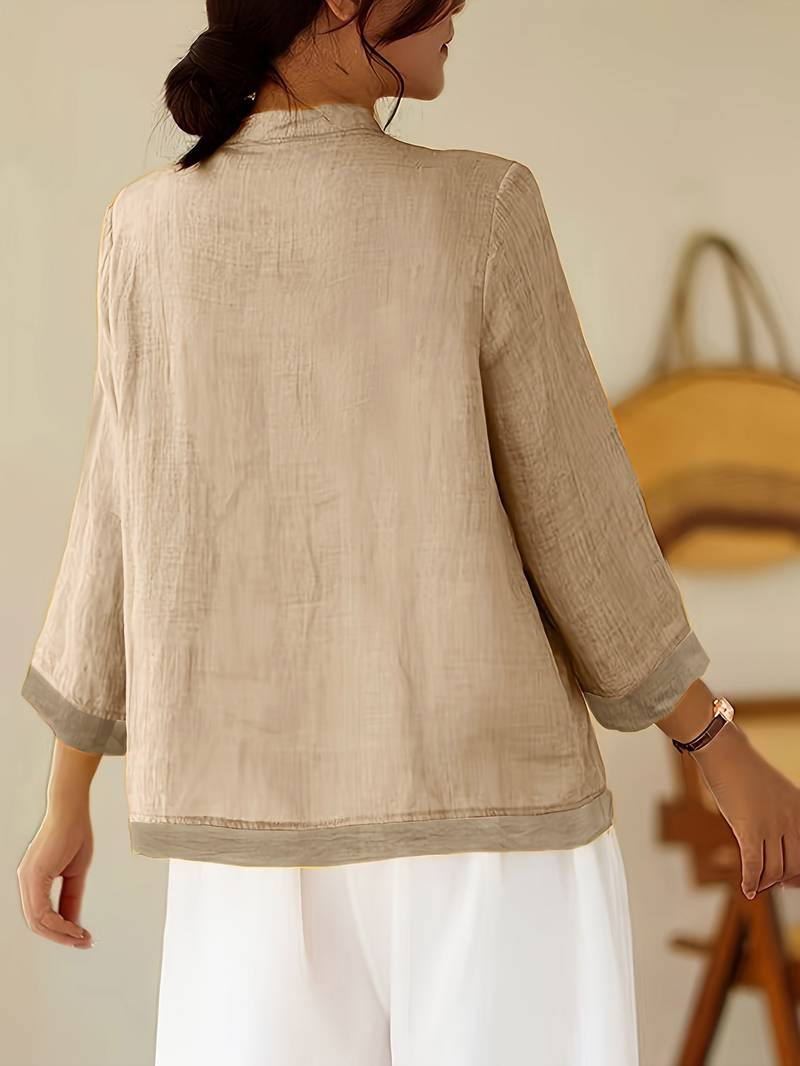 Sylvie women's linen mandarin collar shirt, additional view 6