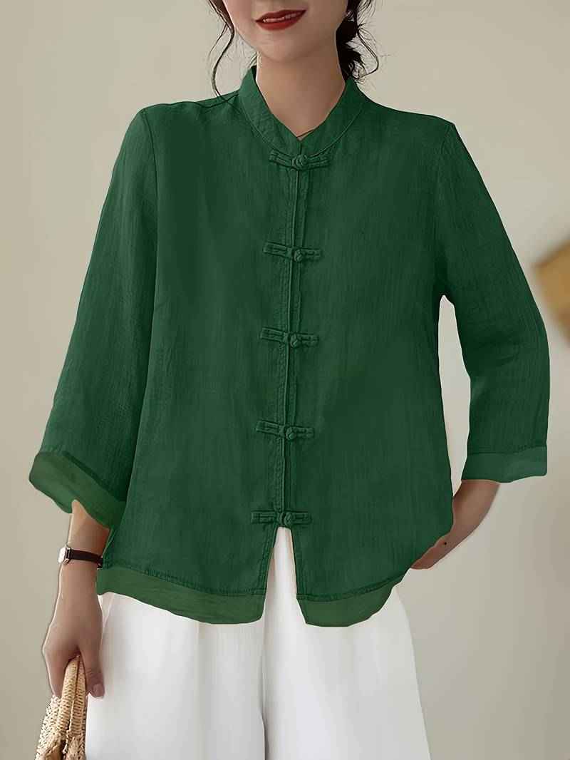 Sylvie | Women's Linen Shirt Green Mandarin Collar Button Up
