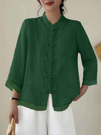 Sylvie | Women's Linen Shirt Green Mandarin Collar Button Up