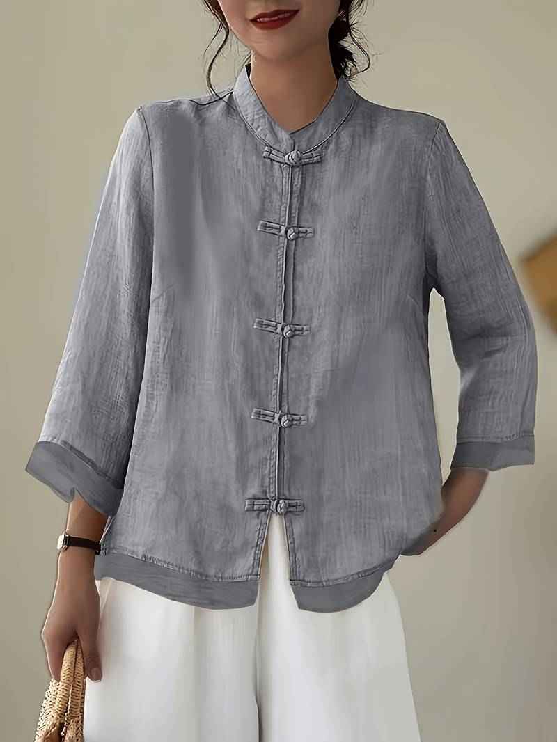 Sylvie | Women's Linen Shirt Green Mandarin Collar Button Up