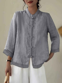 Sylvie | Women's Linen Shirt Green Mandarin Collar Button Up