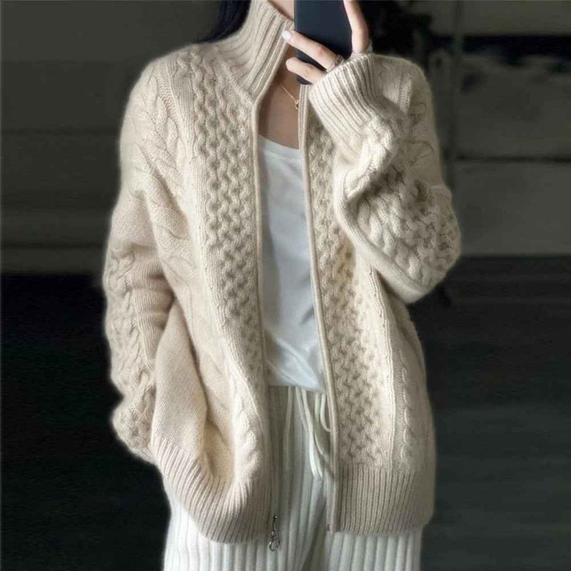 Evadne | Women's Beige Zip Up Cable Knit Cardigan