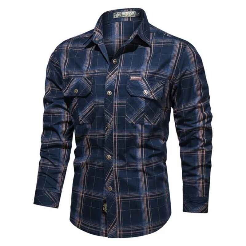 Compton men's navy plaid flannel shirt in Blue (Long Sleeves)
