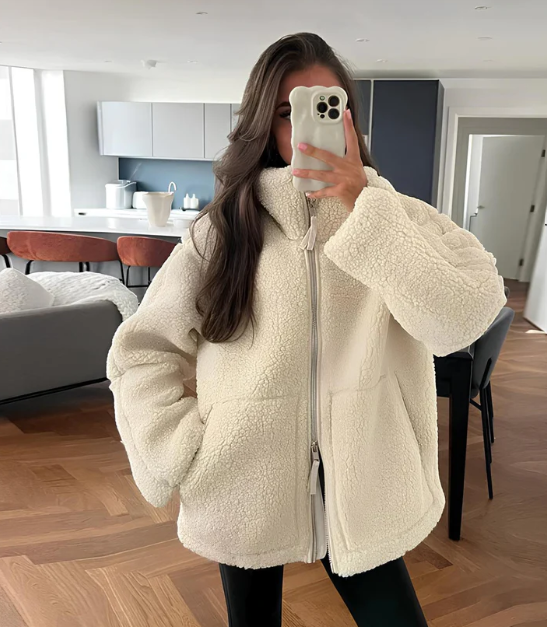 Loveday teddy zip-up coat in White
