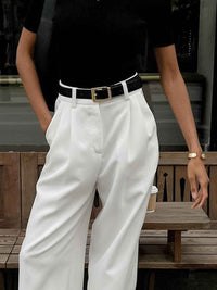 Brigitta | Women's High Waisted Pleated Wide Leg Trousers White and Black