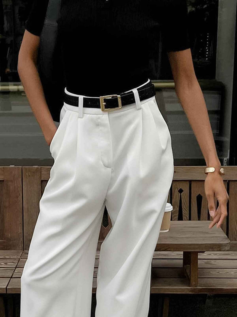 Brigitta | Women's High Waisted Pleated Wide Leg Trousers White and Black