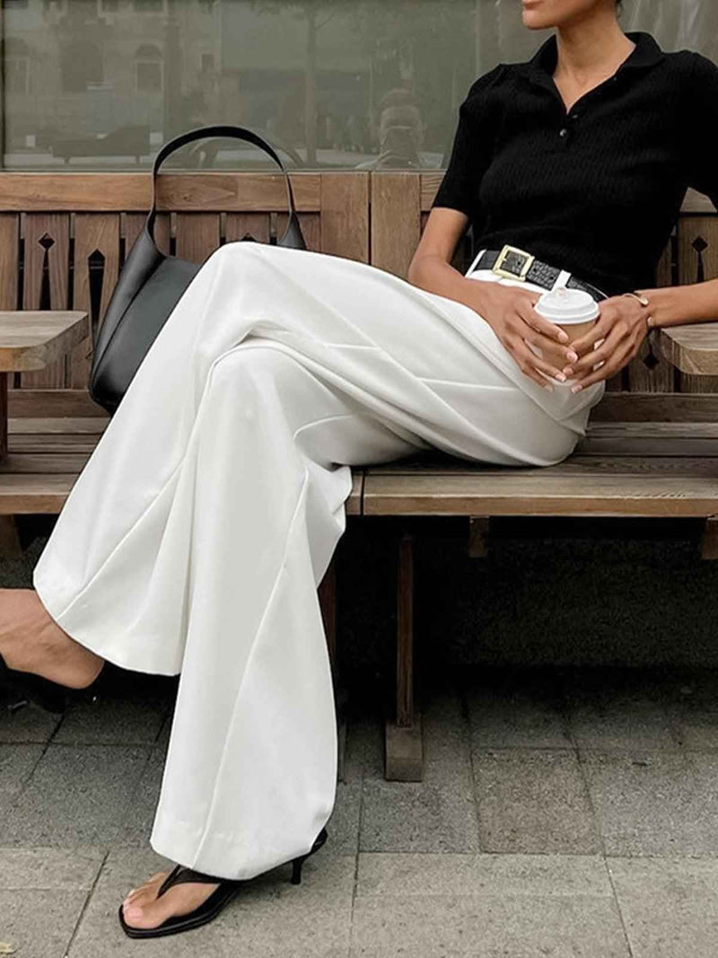 Brigitta | Women's High Waisted Pleated Wide Leg Trousers White and Black