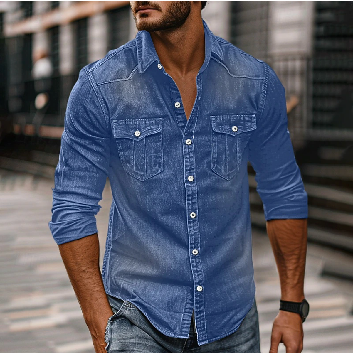 Finlay denim shirt pearl snap closure and chest pocket detail