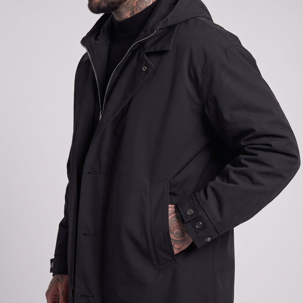 Salisbury Men's Convertible Trench Coat Black fabric close-up