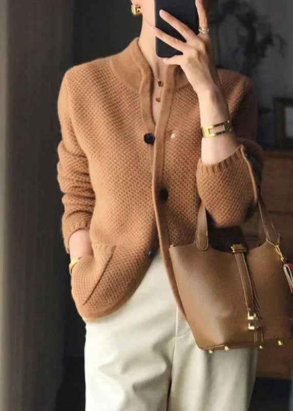 Mariette | Women's Button-Front Long Sleeve Cardigan in Off White and Camel