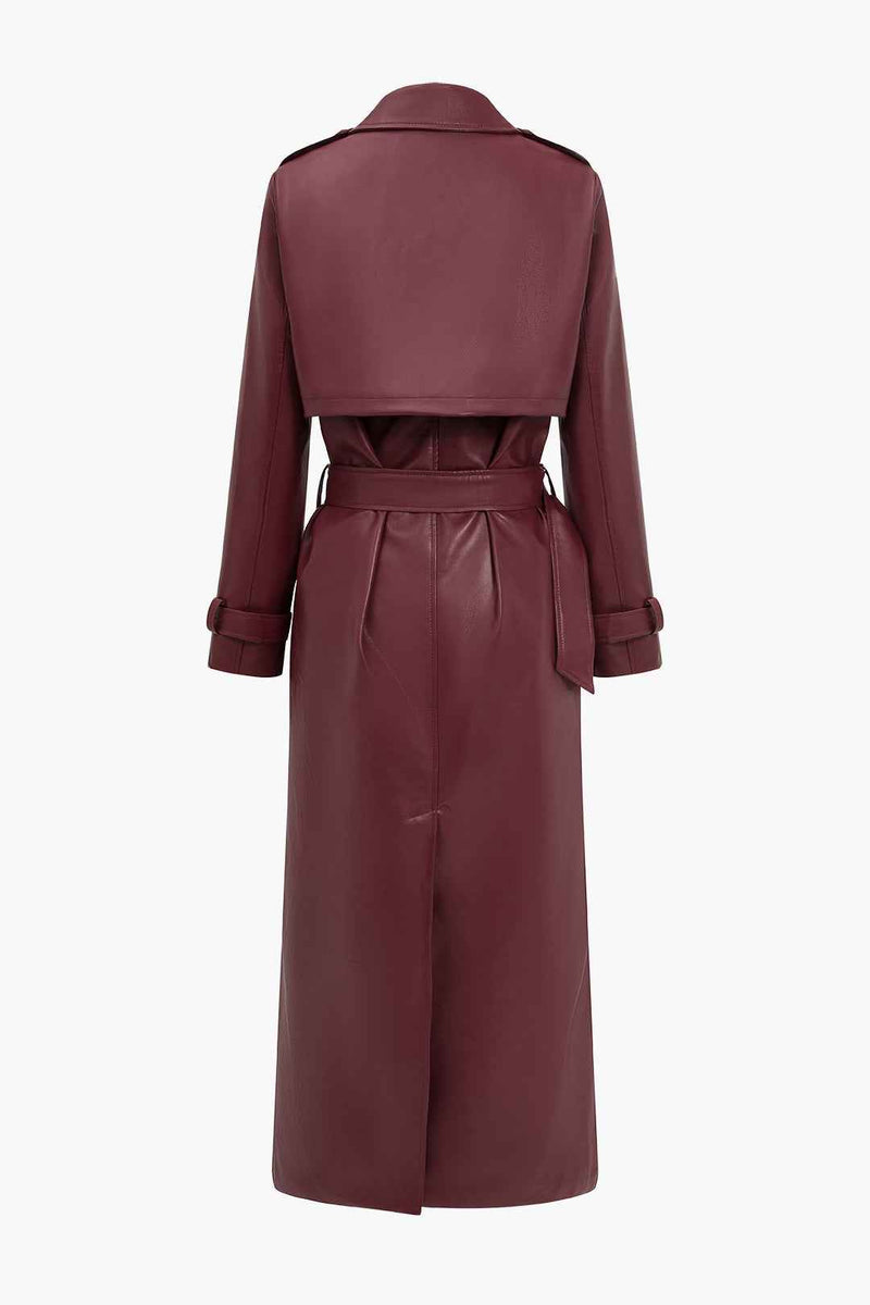 Nerissa | Women's Long Belted Trench Coat Burgundy and Black