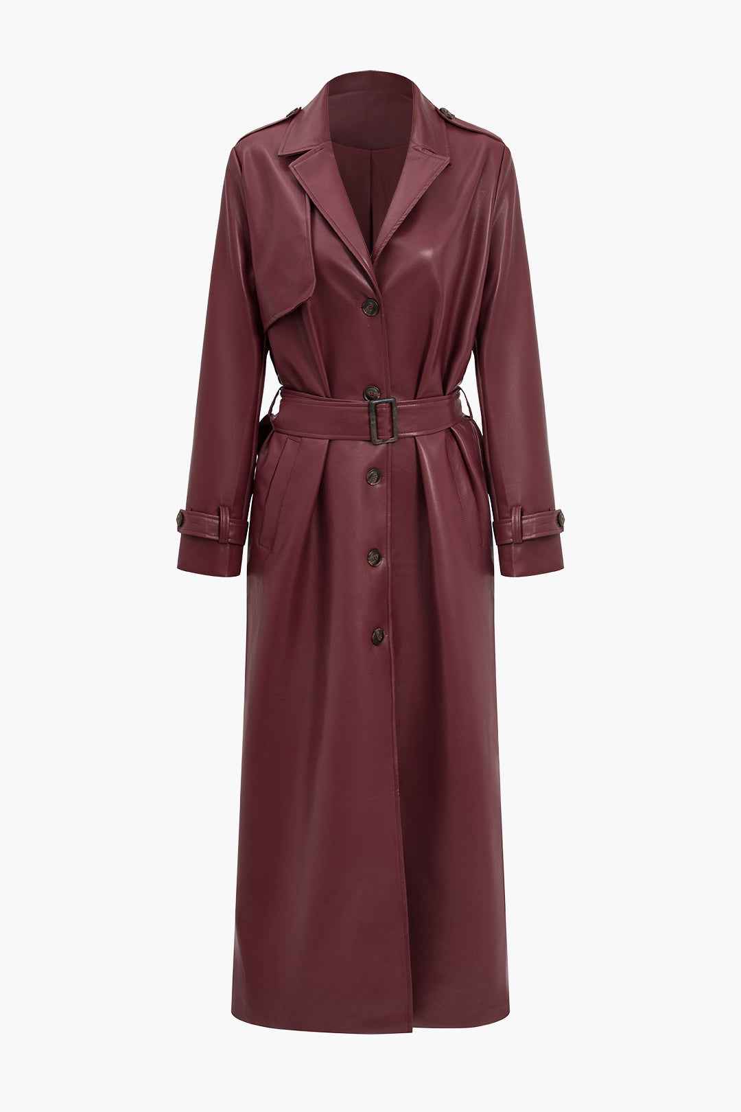 Nerissa | Women's Long Belted Trench Coat Burgundy and Black