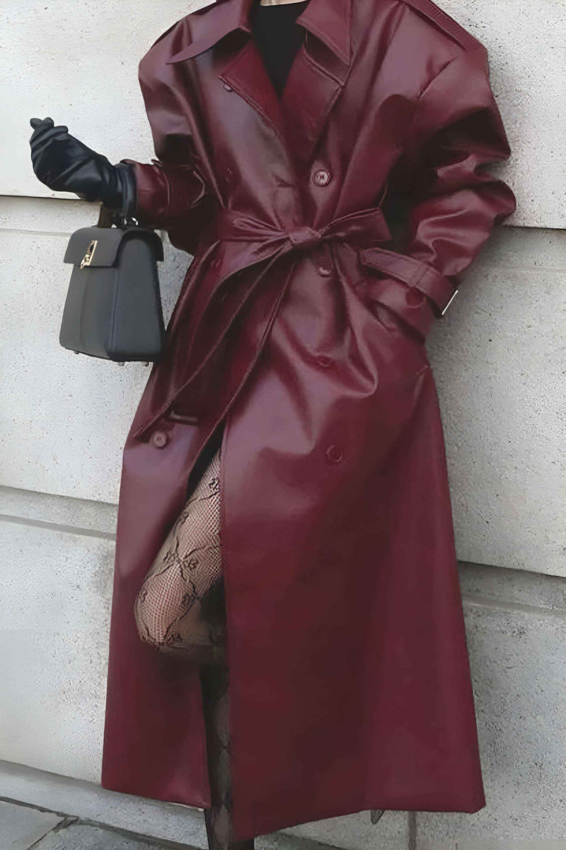 Nerissa | Women's Long Belted Trench Coat Burgundy and Black